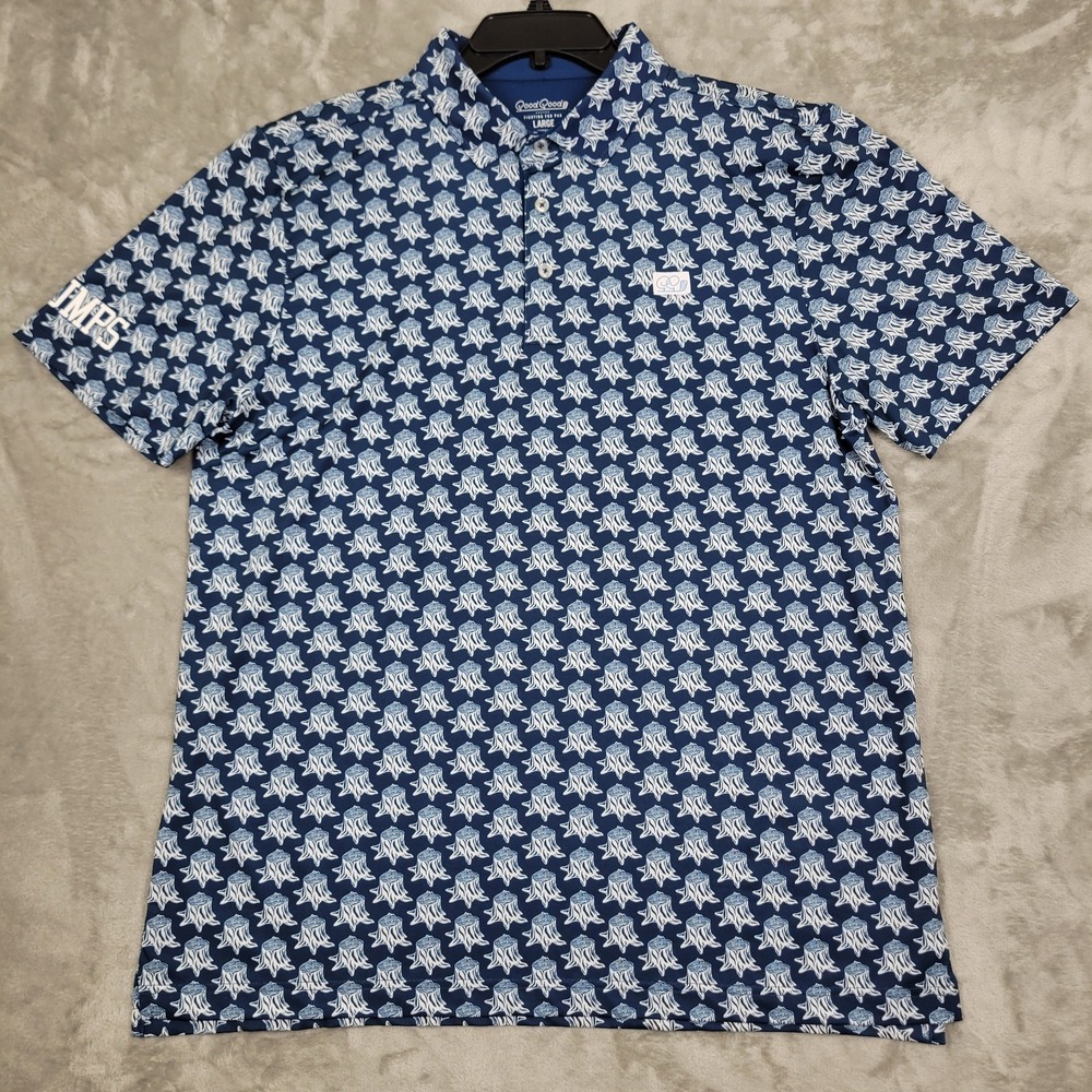 Good Good Performance Golf Shirt Mens L Blue White Geometric Tree Stump Print
